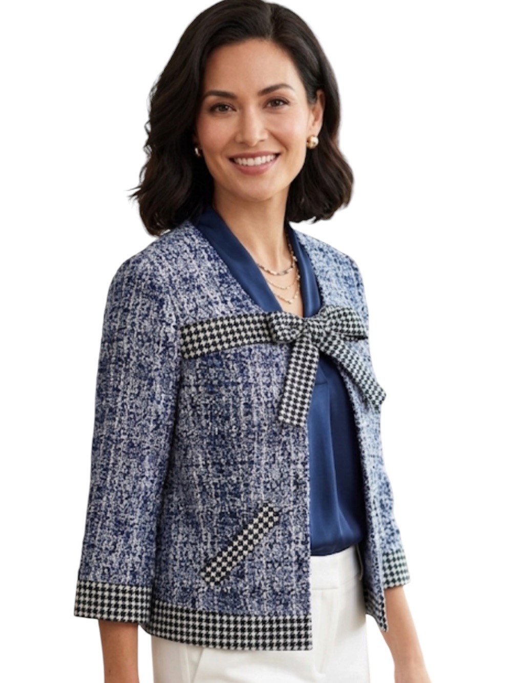 Cabi Blue Tweed Bow Jacket Medium M Bouclé Textured Preppy Quiet Luxury